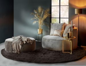 Divanetto rotondo con pouf abbinato in tessuto velluto tortora / kaki