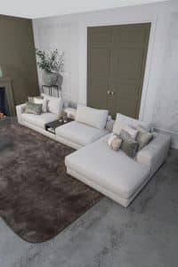 Lichte modulaire elementenbank Eva met innerbench en zachte kussens, gestyled met accessoires in een modern interieur.