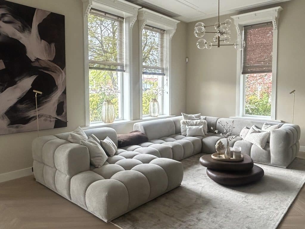 Divano angolare Oriane in tessuto beige chiaro: Mito Beige 05